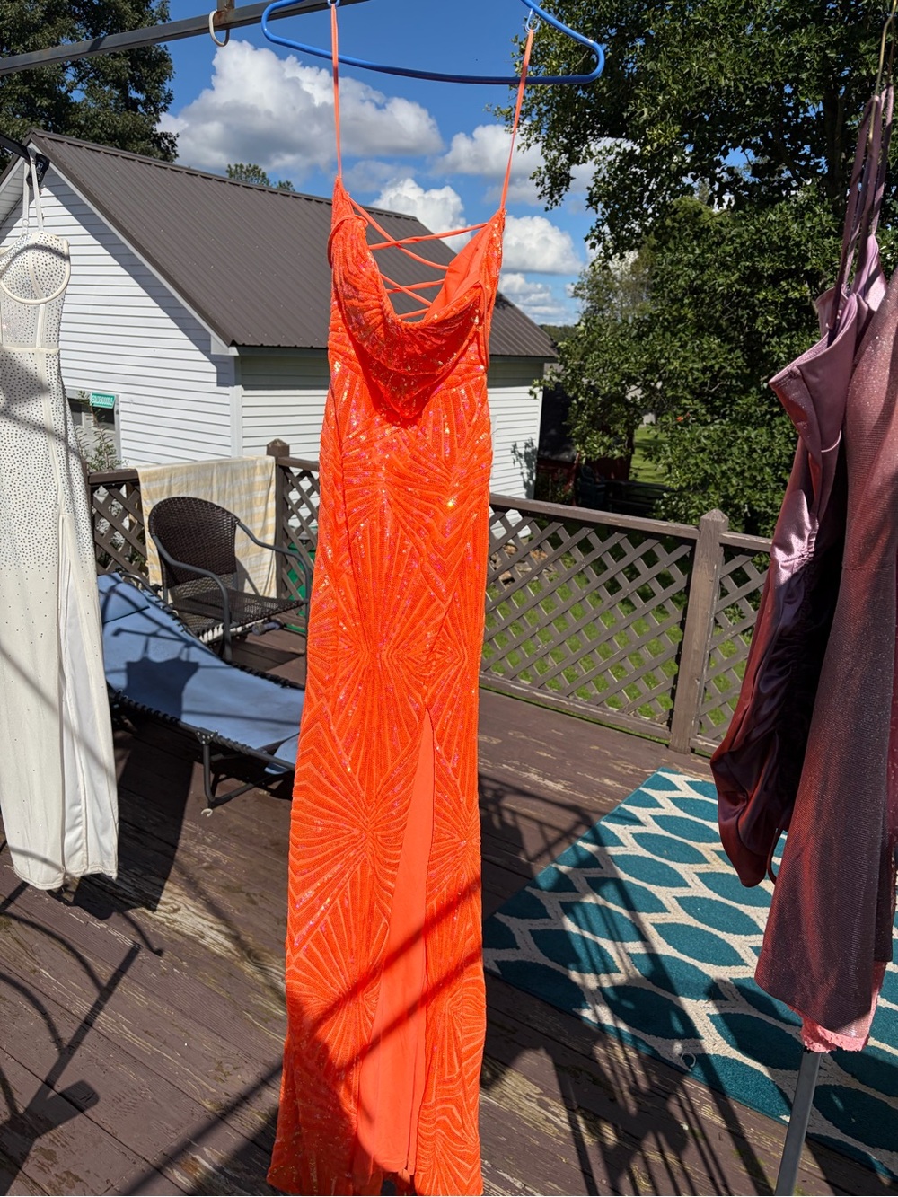 Orange Sequin Strappy Evening Dress